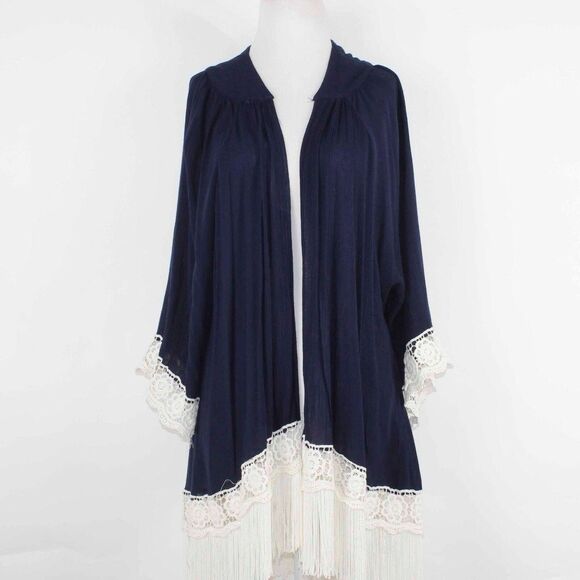 Jodifl Navy Cream Fringe Embroidered Boho 100% Rayon Wrap Sweater Cardigan Sz S - Picture 1 of 12